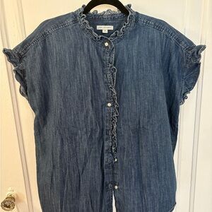 Blue Cap Sleeve Ruffled Button Down Shirt